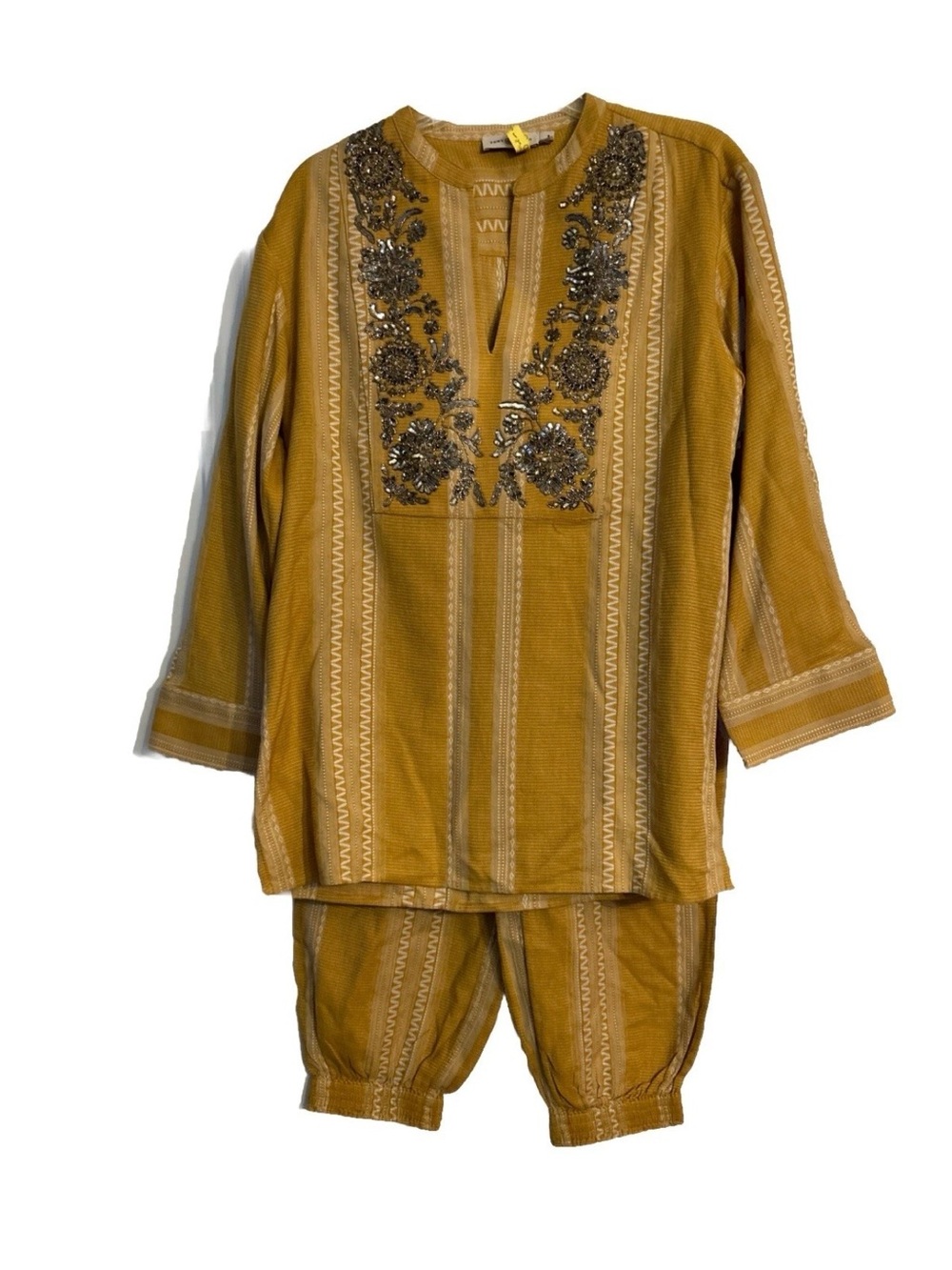 Tory Burch Set Women Sequin Embellished Yellow & Ivory Cotton Tunic 8 & Pants 6